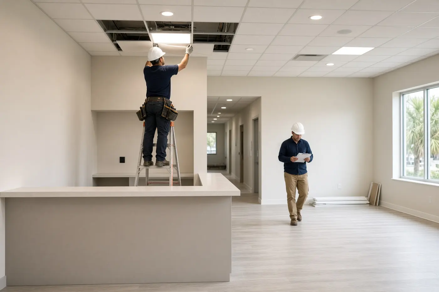 Worker on a step ladder setting a ceiling tile above a reception counter while a second worker in a hard hat reads a clipboard